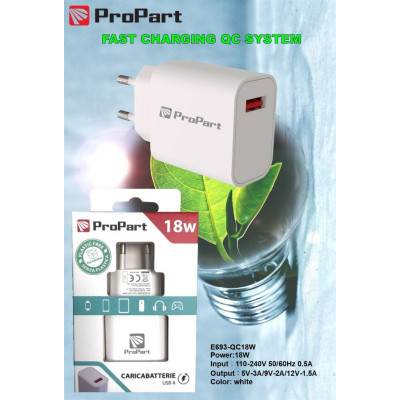 Caricabatteria 18 Watt QC presa USB-A Modello E693-QC18W