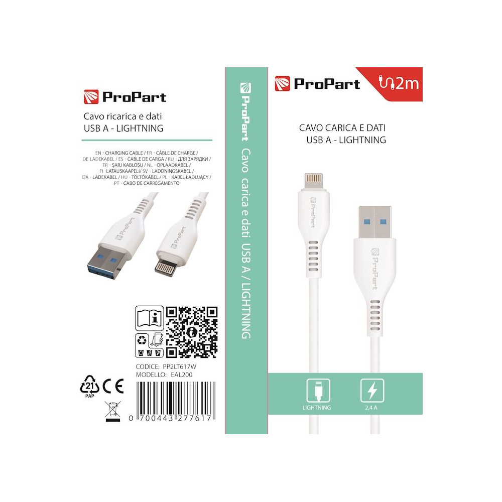 Cavo Lightning Apple 5V 2.4A 2mt Carica e dati Bianco