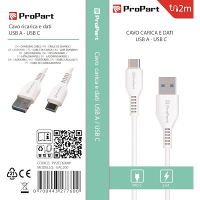 Cavo Carica e Dati Tipo-C 2.4 A. Lunghezza 2 metri Bianco