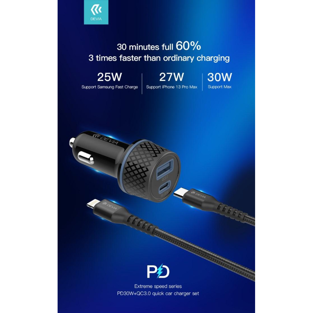 Carica da Auto 2 uscite carica Rapida PD+QC 30 Watt + Cavo